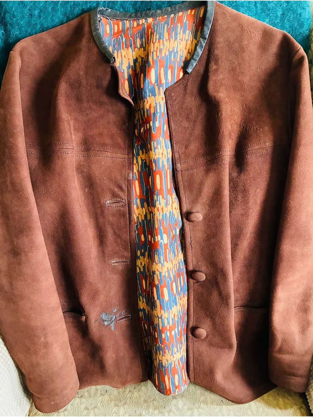 Brown Suede Jacket with Funky, Patterned Lining